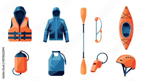 Essential kayaking gear: life jacket, paddle, kayak, and more in modern flat design