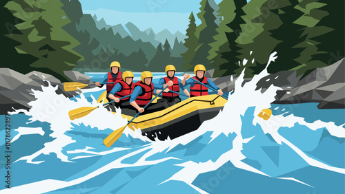 Adventurous team river rafting in wild rapids amid lush forest scenery