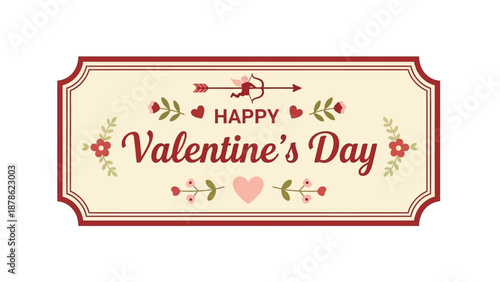 Happy Valentine's Day Elegant Emblem with Floral Accents and Cupid's Arrow