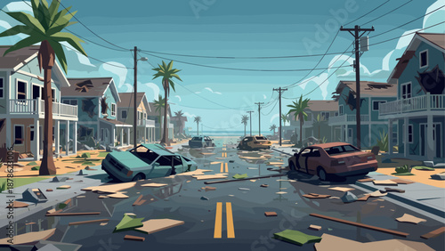 Post-apocalyptic coastal town with abandoned cars and palm trees
