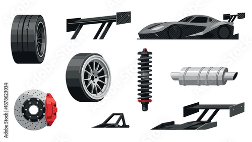 Racing car components set: wheels, spoilers, tires, exhaust in modern flat design