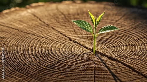 New Plant Sprouts from Old Tree Stump Symbolizing Growth and Renewal.