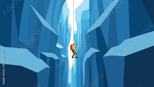 Adventurer descending a deep blue crevasse with rope and gear in abstract art style