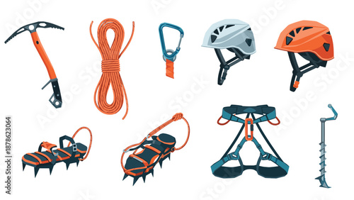 Mountain climbing gear set with helmets, ropes, and tools in flat style