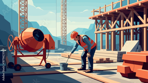 Construction worker mixing cement on site with vibrant architectural background