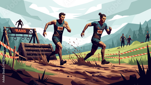 Dynamic obstacle course race in nature with competitors overcoming challenges