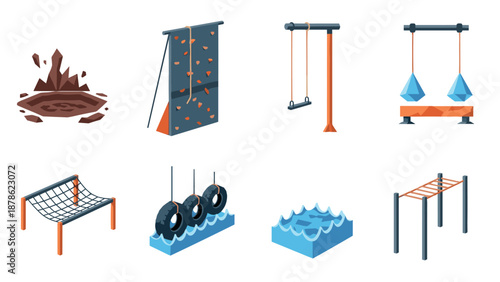 Outdoor playground adventure equipment set: climbing walls, swings, and obstacle courses