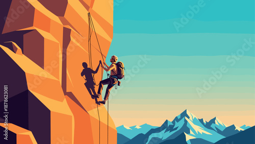 Climber on sunlit cliff against snowy mountain: dramatic adventure scene in flat art style