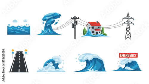 Weather elements and natural disaster icons with geometric design