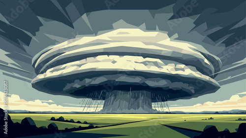Stormy sky with geometric ufo-shaped cloud over field