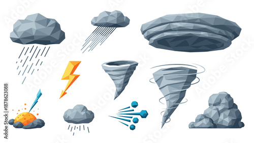 Geometric weather icons: low poly tornadoes, clouds, rain & lightning elements
