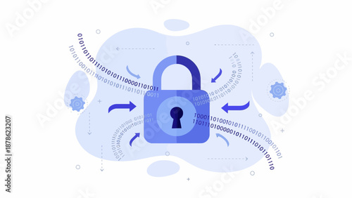 Secure data transmission represented by a digital padlock surrounded by abstract flowing elements and encryption symbols
