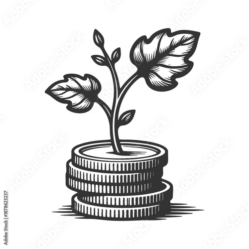 leafy plant sprouting from stacked coins, representing investment, savings, and sustainable financial growth sketch engraving generative ai fictional character vector. Scratch board. Black and white.