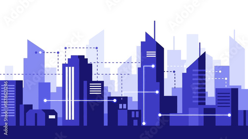Cityscape illustration featuring modern skyscrapers and urban landscape from a distant viewpoint