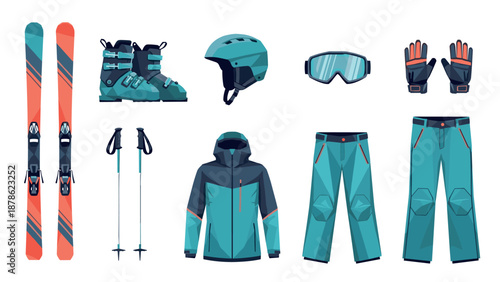 Ski enthusiast gear set with skis, helmet, goggles, and clothing in modern flat design