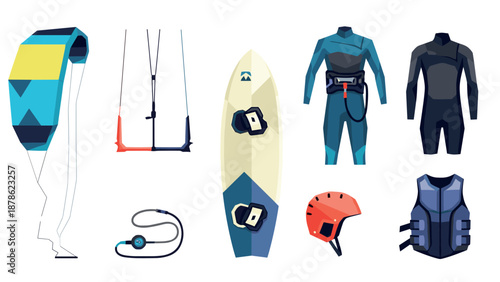 Essential kite surfing gear and apparel in modern flat style