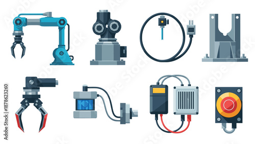 Industrial robotics set featuring various mechanical parts and electronic components