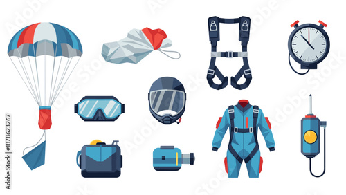 Skydiving equipment set with parachute, harness, helmet, and timer in modern flat style