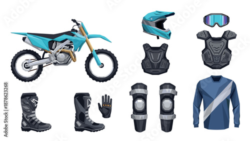 Dirt bike gear set with motorcycle and protective equipment in flat design