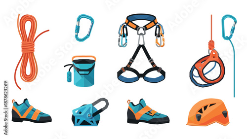 Colorful climbing gear set with ropes, harness, and helmet in modern design