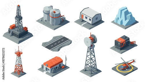 Isometric industrial set with buildings, equipment, and helipad