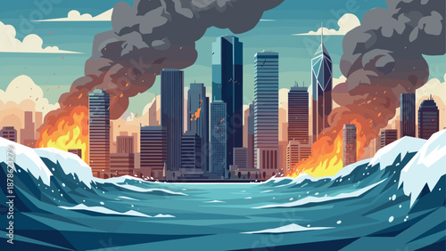 Apocalyptic cityscape with flames and floods in flat colorful design