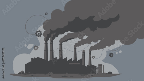 Industrial factory emitting pollution into the atmosphere with smoke stacks and machinery in a landscape