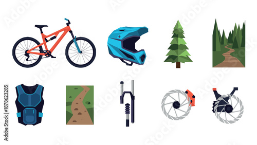 Mountain biking adventure icons: equipment and nature elements