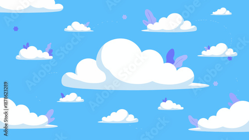 A serene illustration of white clouds against a blue sky with birds flying overhead