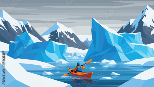 Adventurous kayaking in majestic arctic landscape with icebergs and mountains