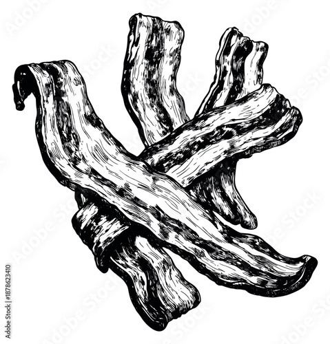 Hand drawn line art illustration of bacon strips depicting a classic breakfast food for culinary branding