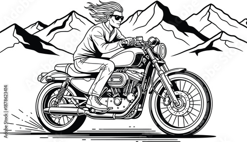 Female biker with sunglasses and windblown hair riding a classic motorcycle a black and white line art illustration.