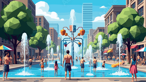 Vibrant summer day at urban water park with families enjoying fountains and cityscape