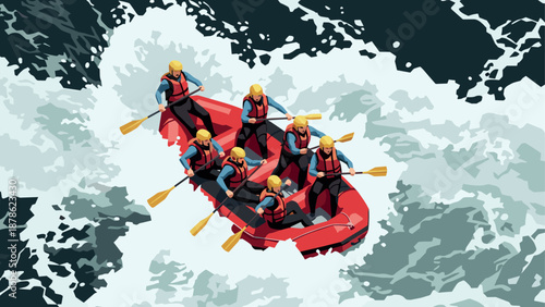 Adventurous teamwork in action: rafting through rapids with dynamic energy