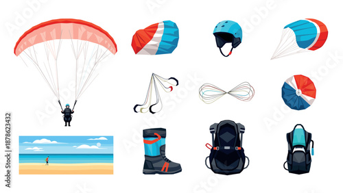Paragliding adventure equipment set on white background