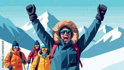 Winter adventure: excited skiers exploring snowy mountain peaks in vibrant geometric style