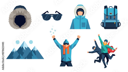 Winter adventure collection: outdoor gear, mountain fun, and snow activities design elements
