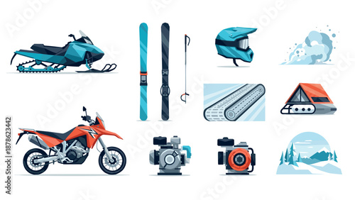 Outdoor adventure: snowmobile, skis, dirt bike, and winter gear icons