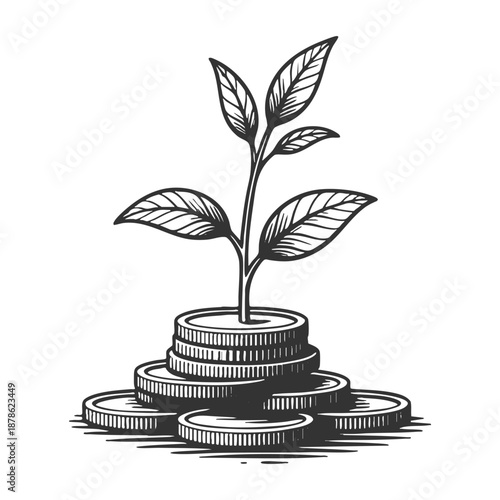 leafy plant sprouting from stacked coins, representing investment, savings, and sustainable financial growth sketch engraving generative ai fictional character vector. Scratch board. Black and white.