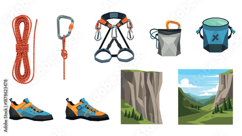 Outdoor climbing equipment and scenic landscapes in modern geometric style