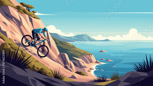 Mountain biking adventure on coastal hillside with scenic ocean view in flat design