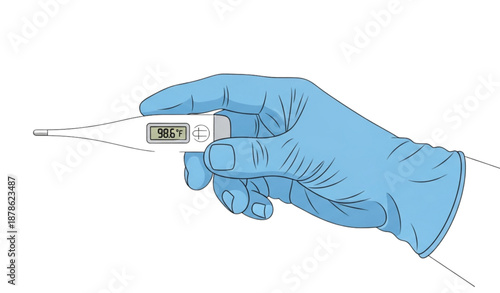 Latex glove hand with thermometer isolated medical vector illustration