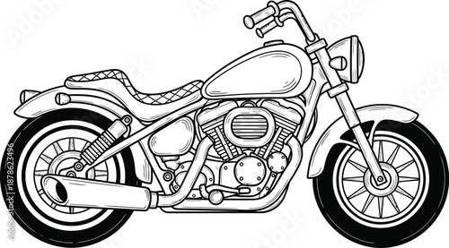 Handdrawn classic cruiser motorcycle illustration with a detailed Vtwin engine and quilted saddle.