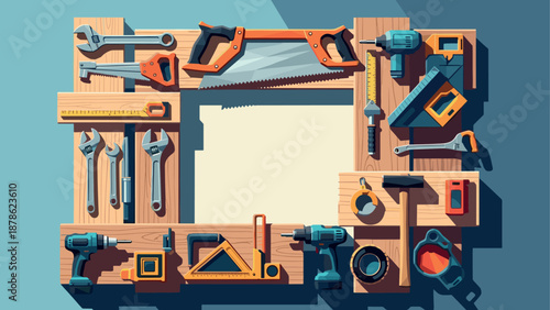 Woodworking tools arranged in a frame on a wooden surface with shadows