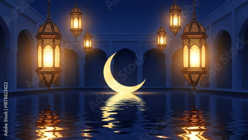 Glowing crescent moon in a serene pool surrounded by lanterns and arches at night