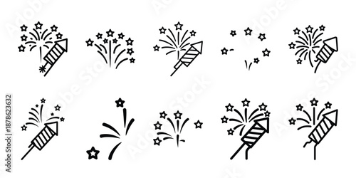 Party celebration fireworks celebration line art icon set. Minimalist Holiday line art vector icons collection