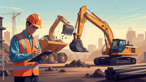 Construction site activity with worker and heavy machinery in urban setting