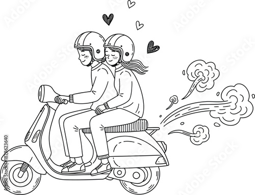 Handdrawn line art of a romantic couple in helmets riding a classic scooter with floating hearts.