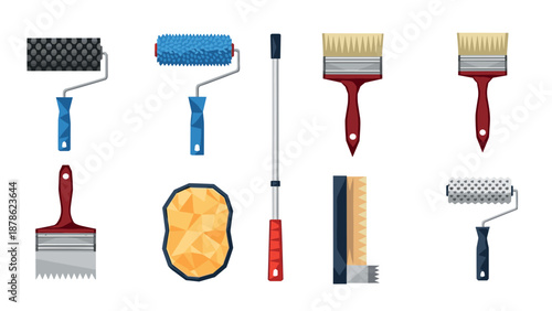 Colorful painting tools collection with brushes, rollers, and sponges - geometric style