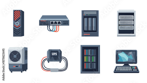 Essential modern server room equipment with flat design